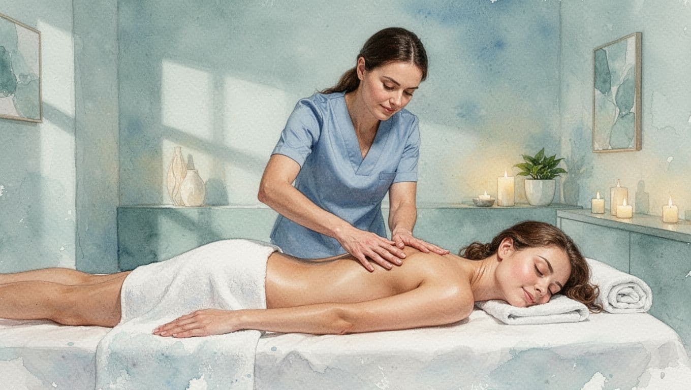 Therapist applies long strokes of Swedish massage to client on table in spa interior, watercolor style with pale blue-green tones.