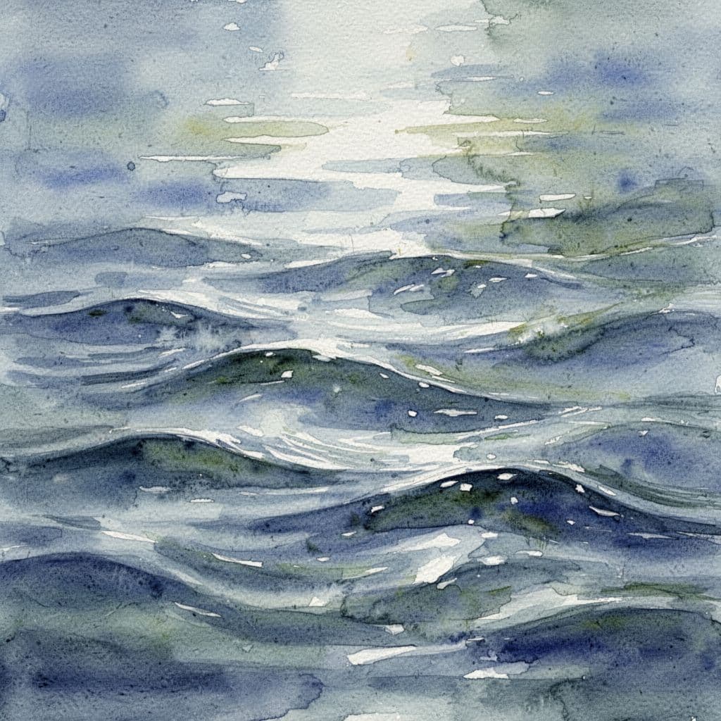 Soft blue and green watercolor washes blend to create a fluid, calm movement.