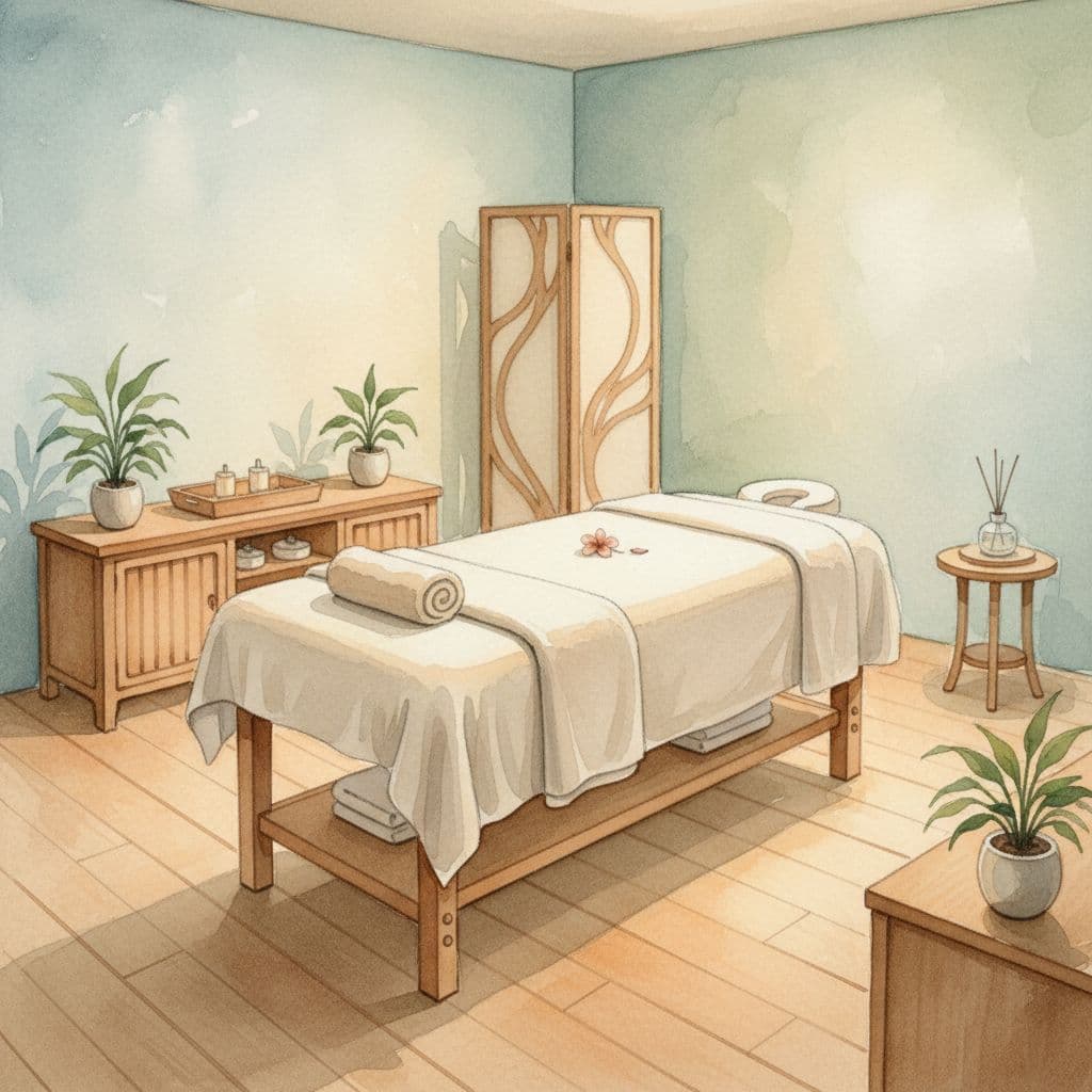 A watercolor illustration of a tranquil massage room featuring a massage table, wooden accents, and small plants.