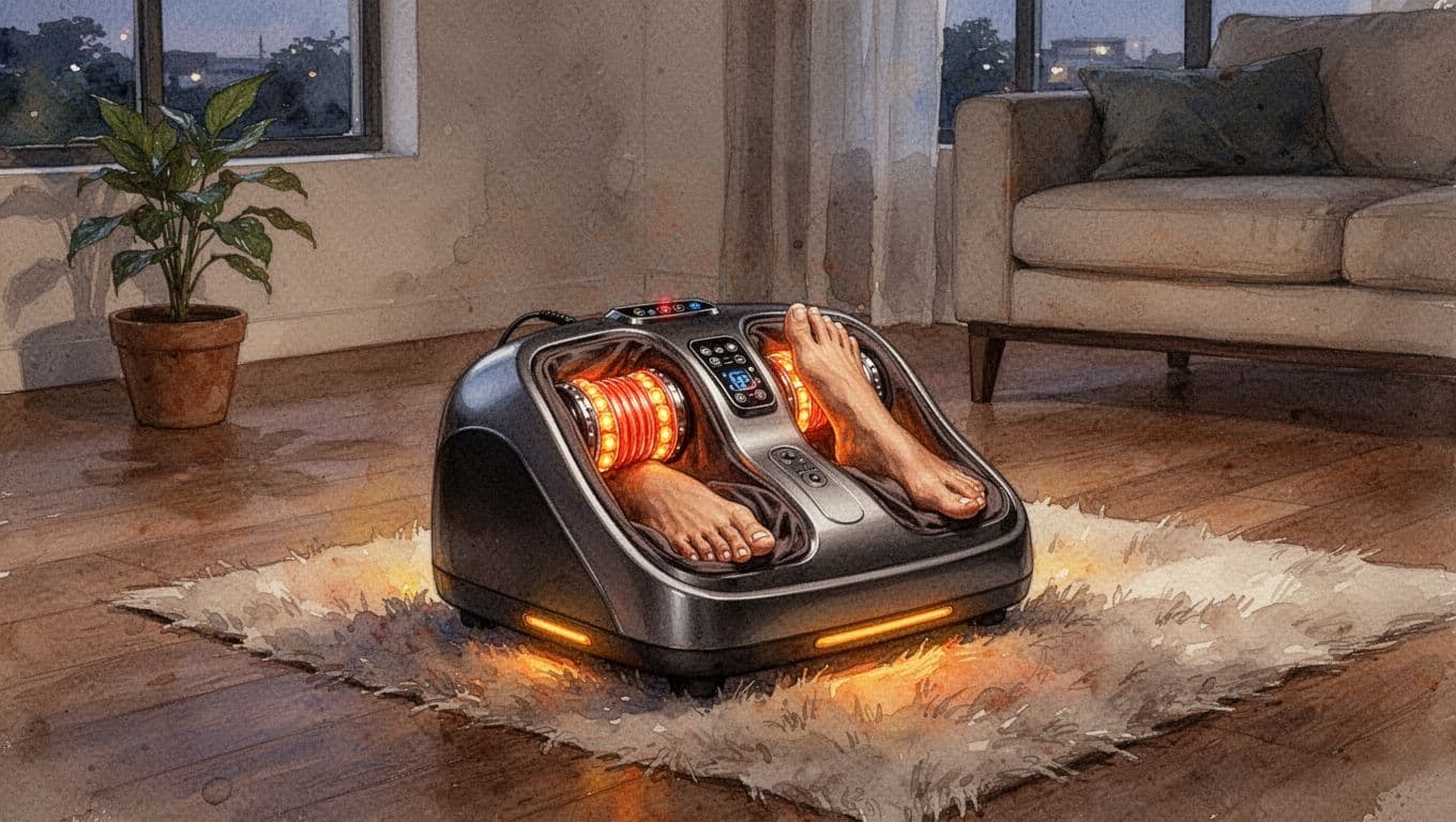 Feet in electric foot massager with rotating rollers and warm lights on rug in modern living room, watercolor style.