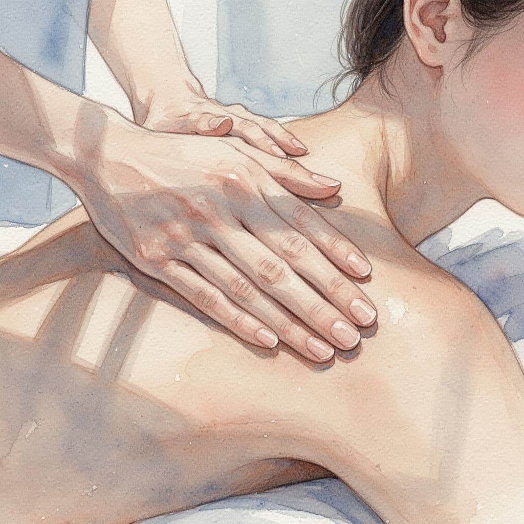 Watercolor illustration showing hands performing a soft, rhythmic massage stroke on a human shoulder.