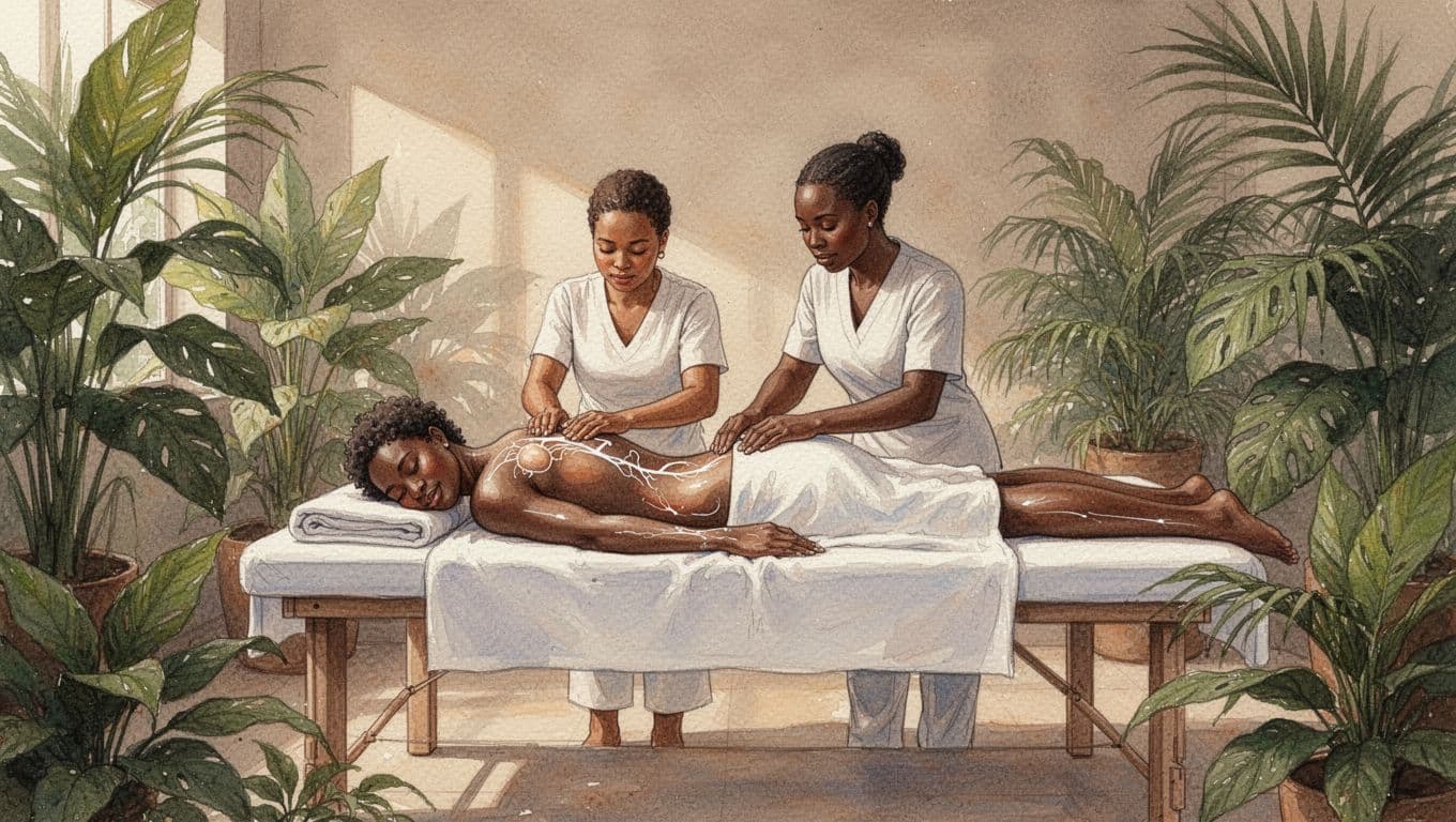 Client on treatment table receives full body lymphatic massage from therapist amid tropical plants and warm light, watercolor with brush texture.