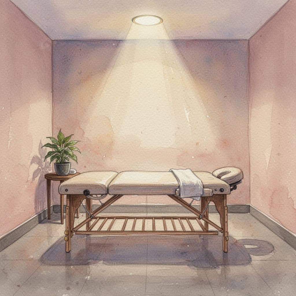 Massage room in Kilimani spa with soft lighting, massage table, and decorative plant in watercolor style.