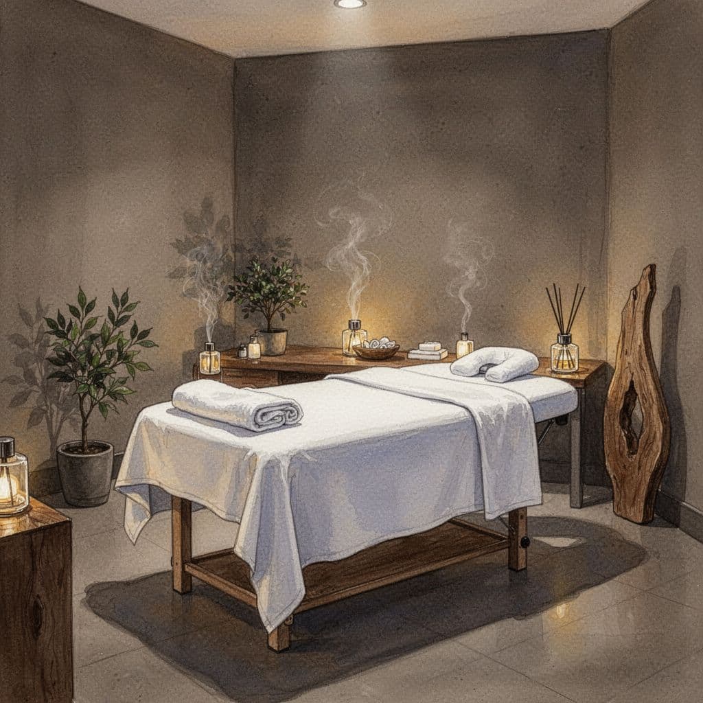 Dimly lit massage room with white-linen table, towels, diffusers, potted plant, and wooden accents in watercolor style.