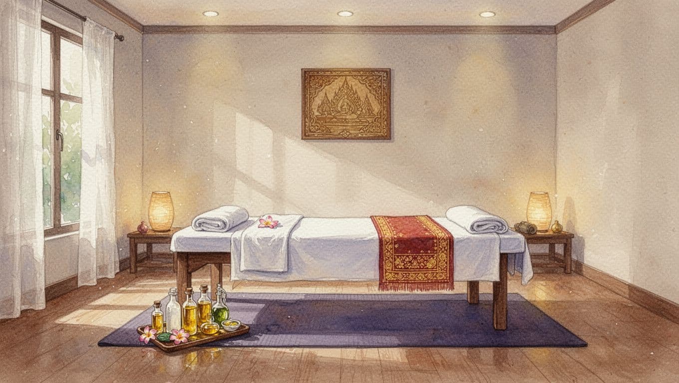 Empty spa interior in Kilimani style features treatment mat, oils, ambient lighting, watercolor brush textures, warm tones.