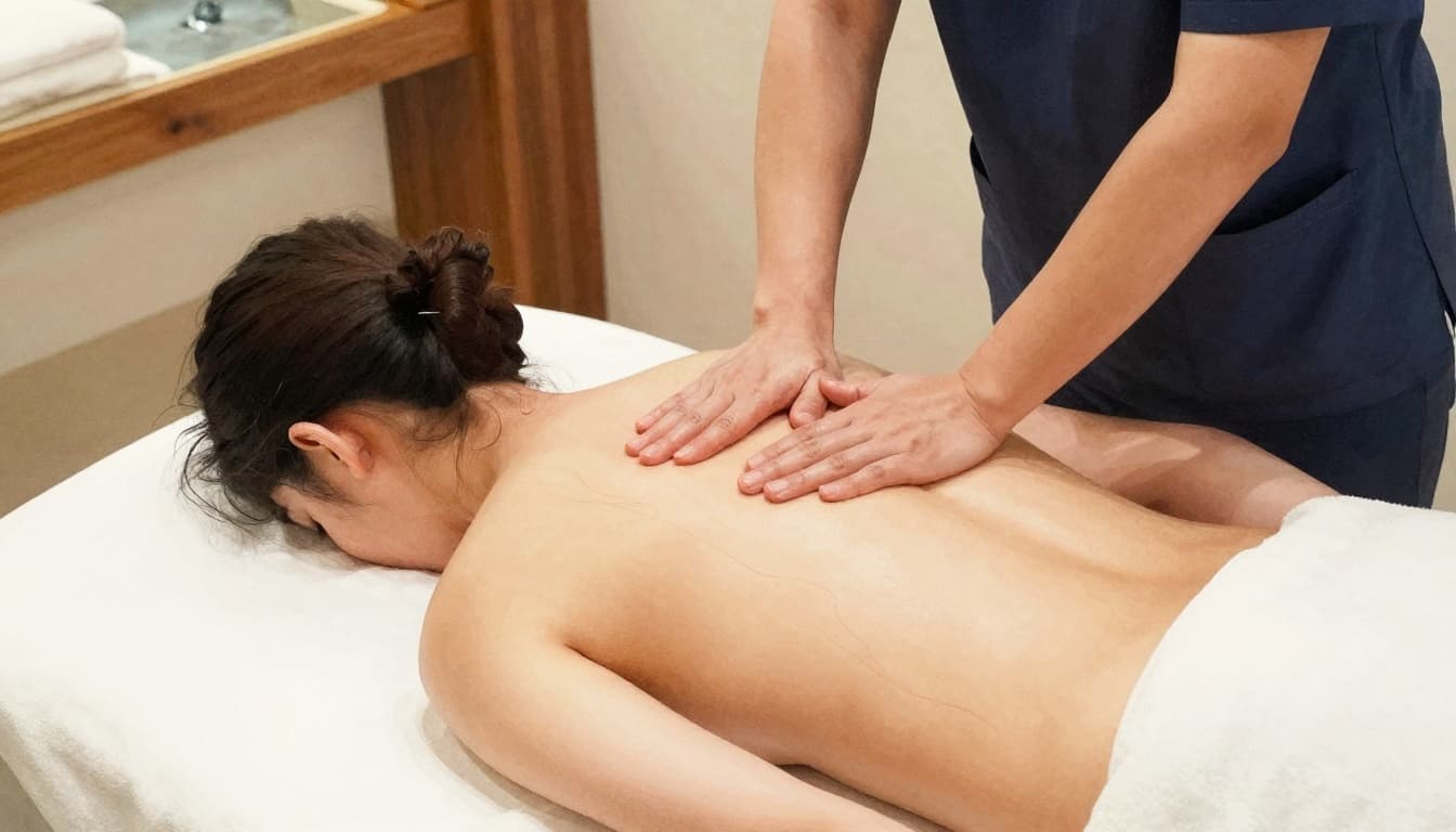 A therapist performs gentle manual lymphatic drainage on a client's back in a serene spa setting.