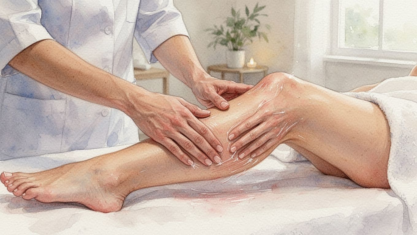 Therapist's hands apply gentle lymphatic drainage to client's leg in spa room.