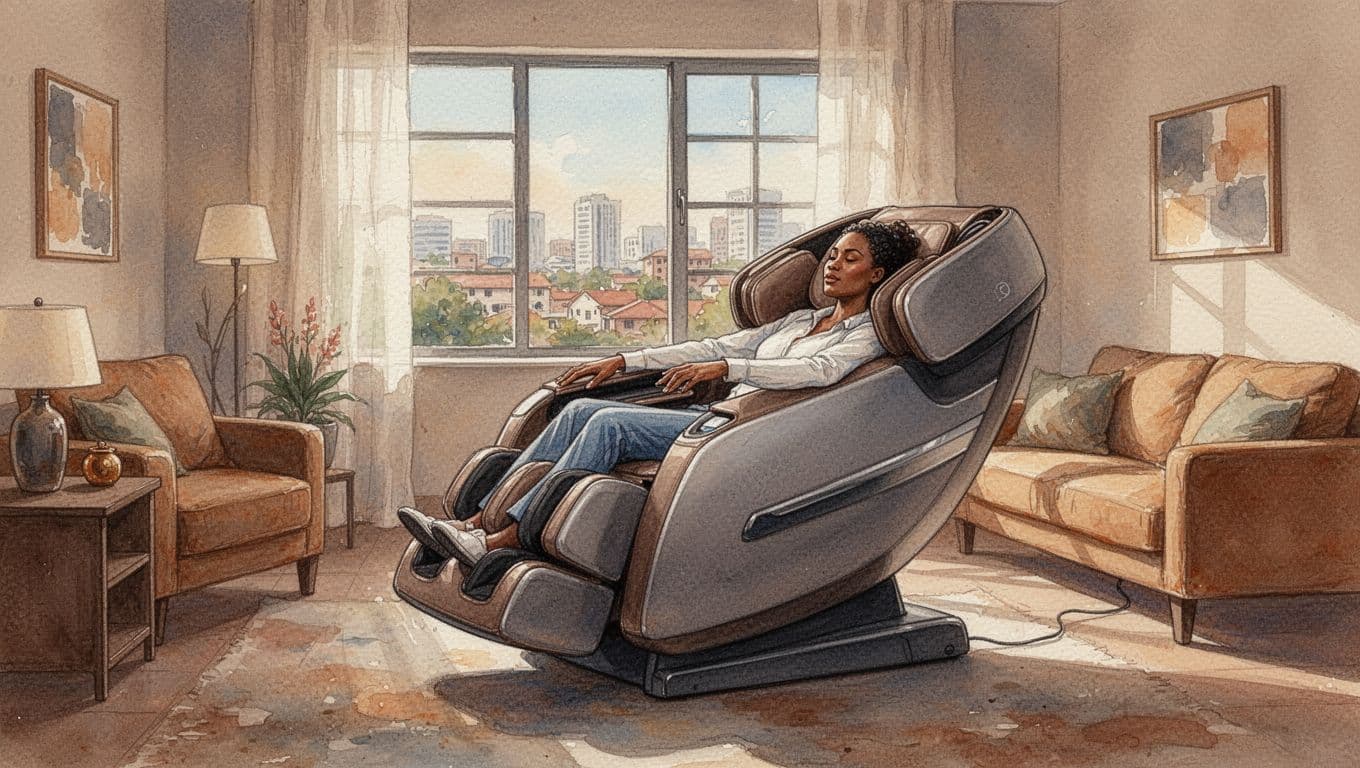 Person reclines relaxed in modern full-body massage chair in cozy Nairobi living room with city view through window.