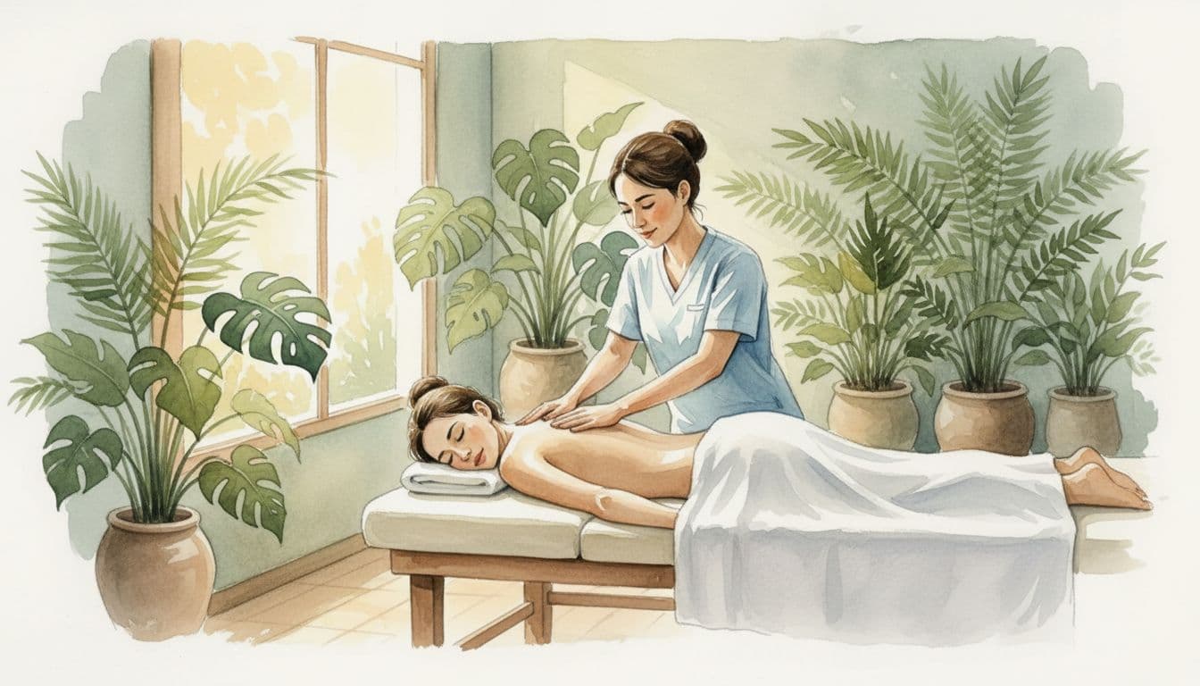 Masseuse gives full-body massage to towel-covered client on spa table in softly lit room with tropical plants.