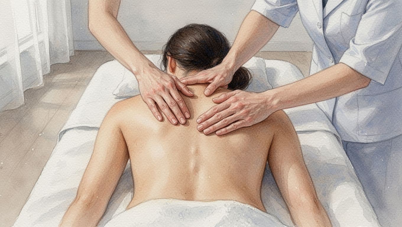 A therapist performs a gentle back massage in a calm, minimalist room.