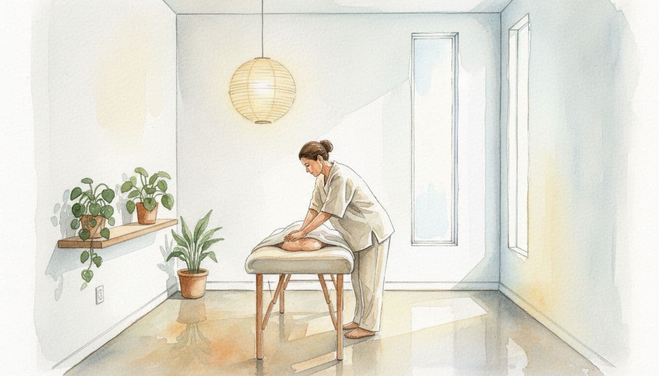 A professional therapist stands in a tranquil, minimalist studio rendered in a soft watercolor art style.
