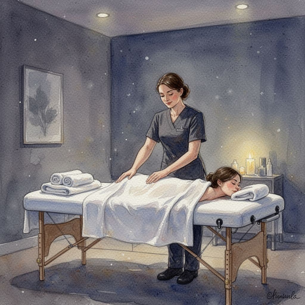 A massage therapist stands in a softly lit, serene room prepared for a relaxing treatment.