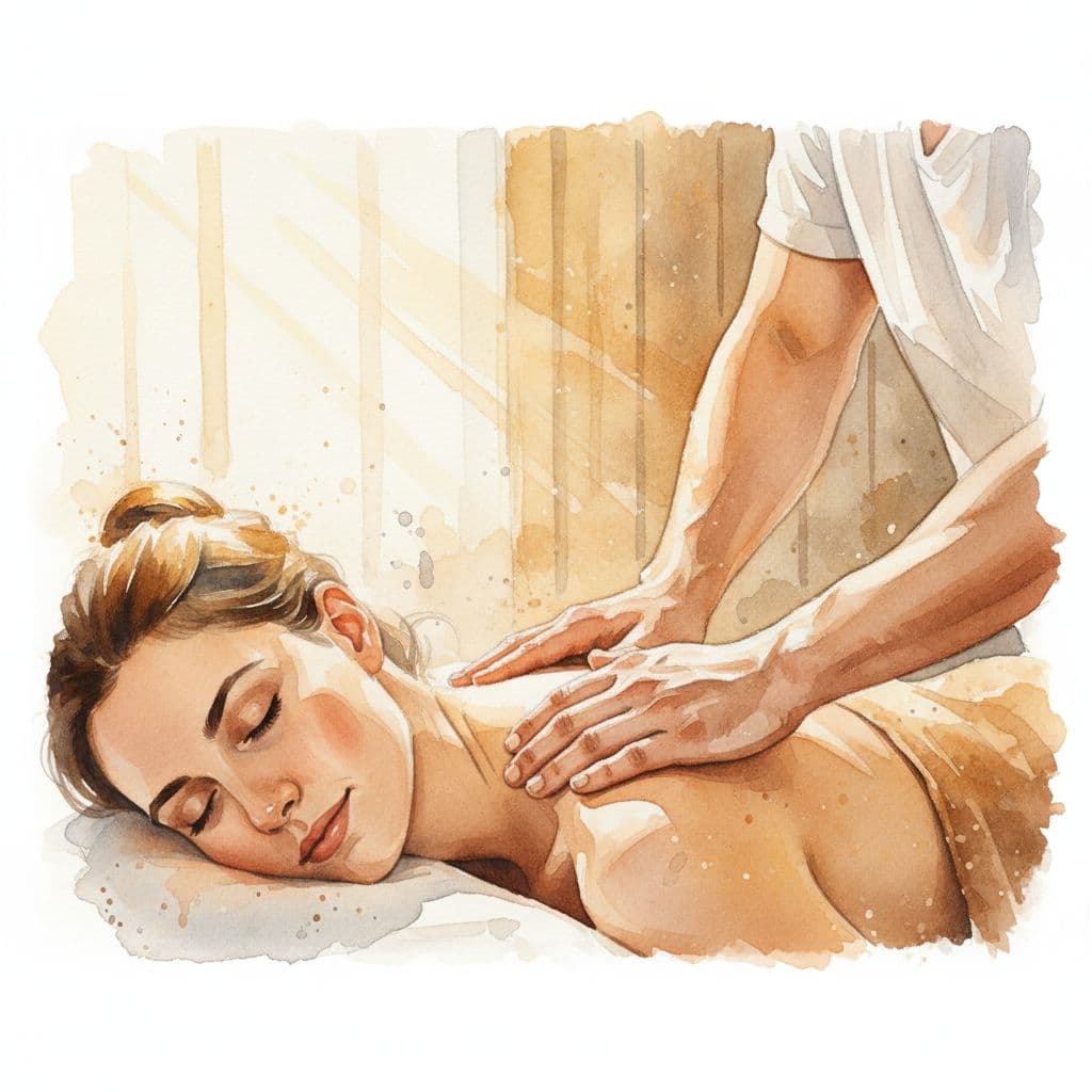A therapist's hands provide a gentle shoulder massage in a warm, inviting room.