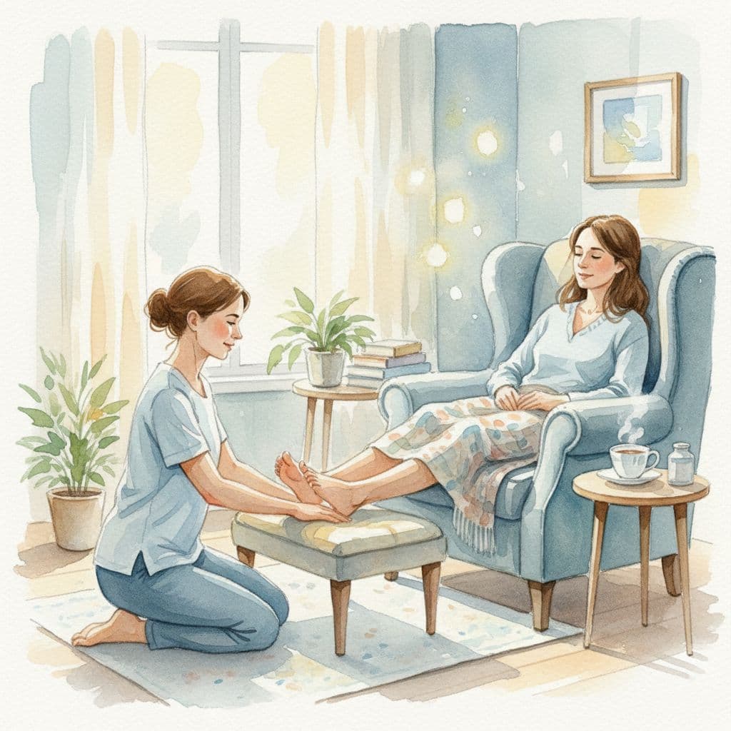 A person rests on a chair while receiving a soothing foot massage in soft watercolor tones.
