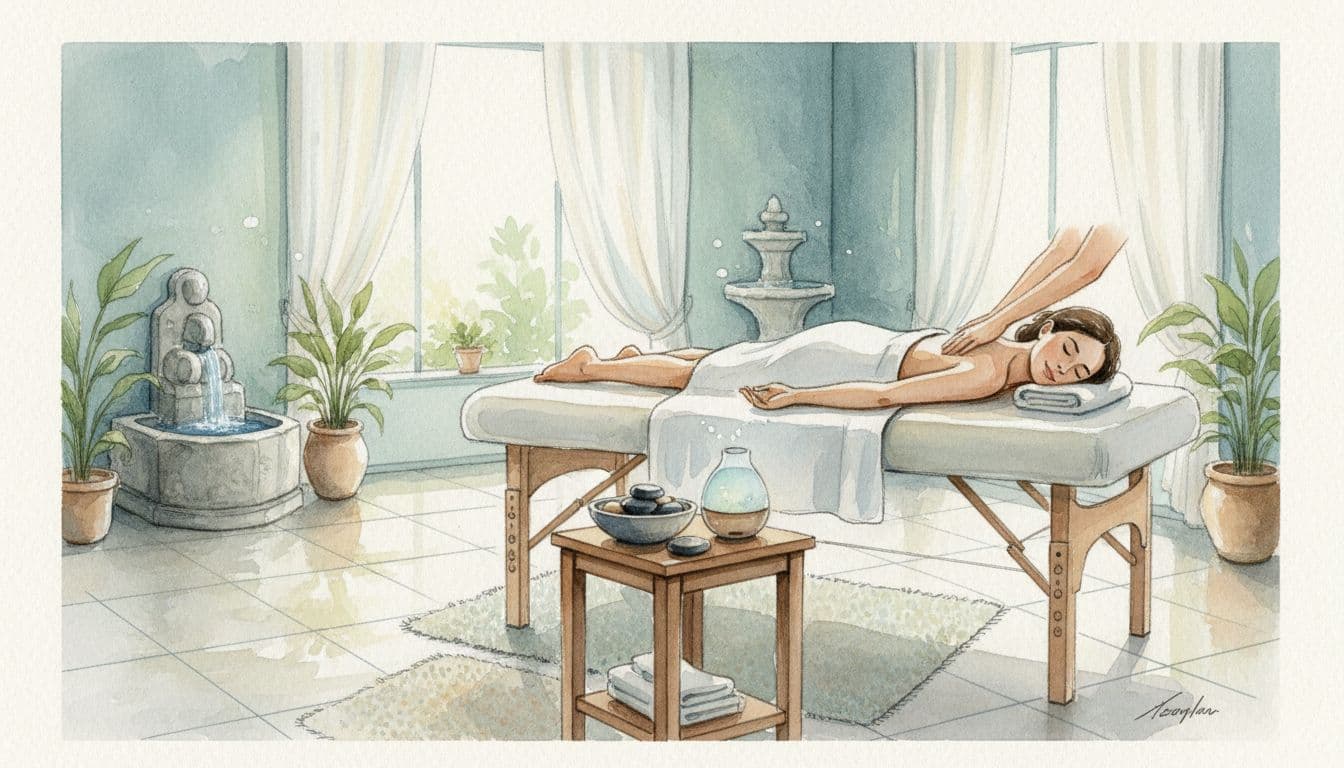 A person receives a professional massage on a table within a peaceful, bright spa room.
