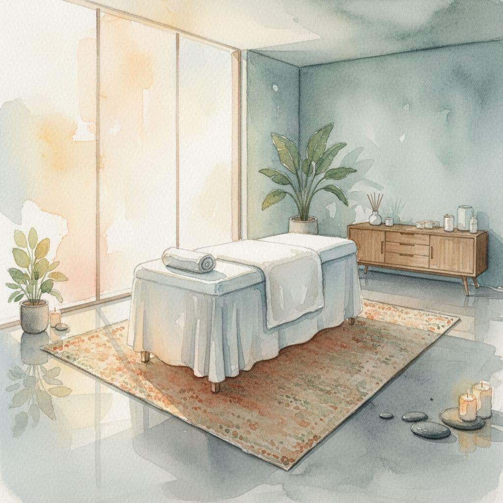 A tranquil massage room features a comfortable table with soft lighting in a watercolor art style.