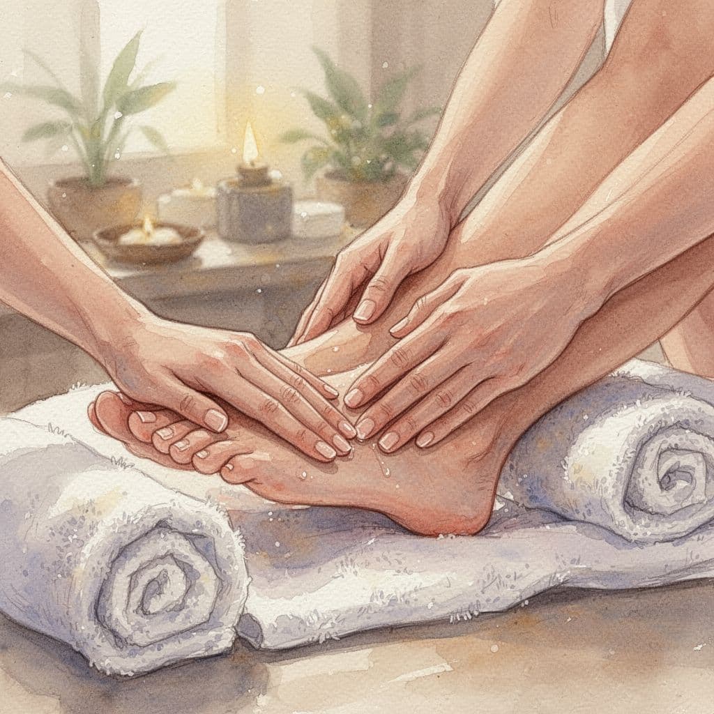 A pair of hands gently massages a foot in a tranquil watercolor illustration.