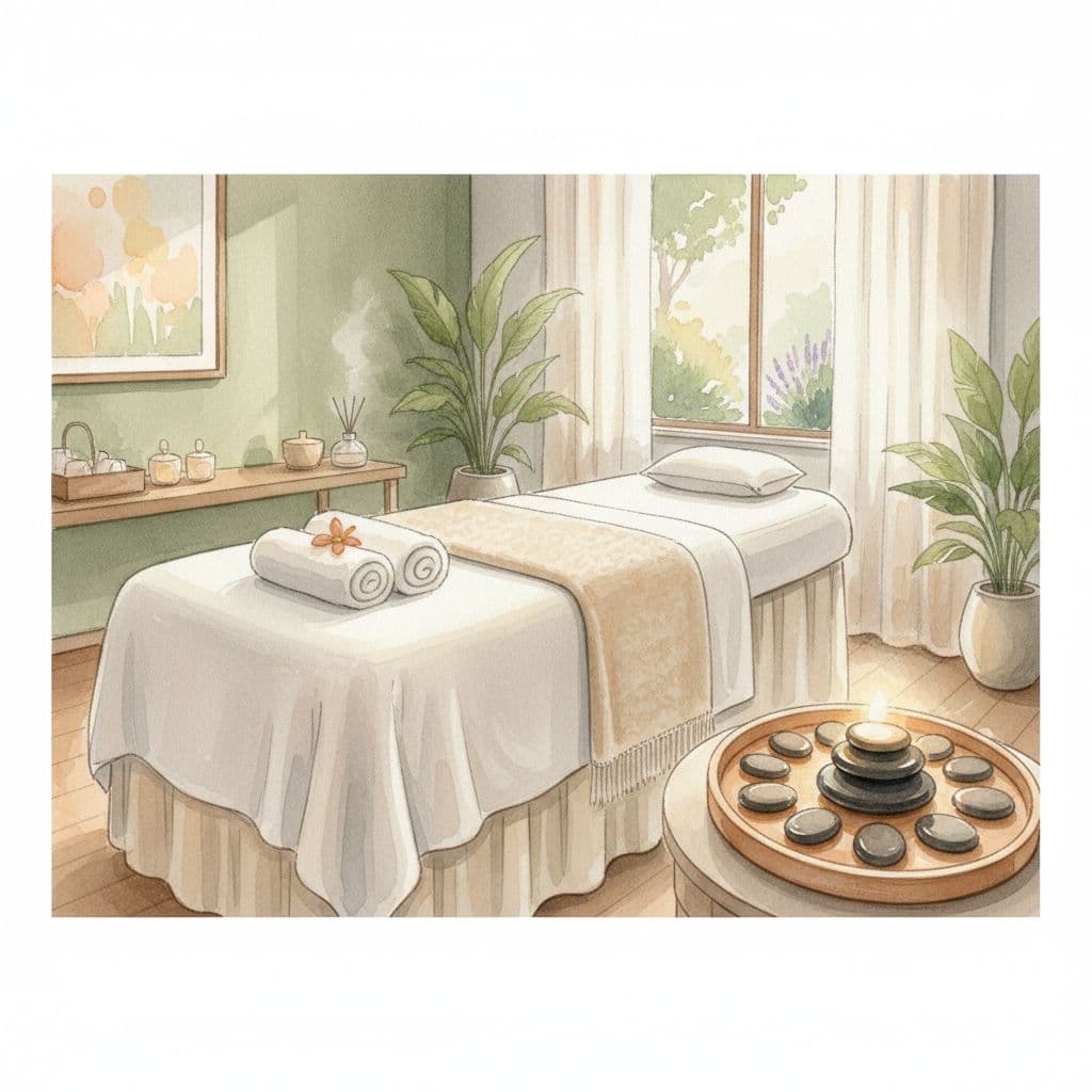 A peaceful spa room featuring a prepared massage table and smooth heated basalt stones on a tray.