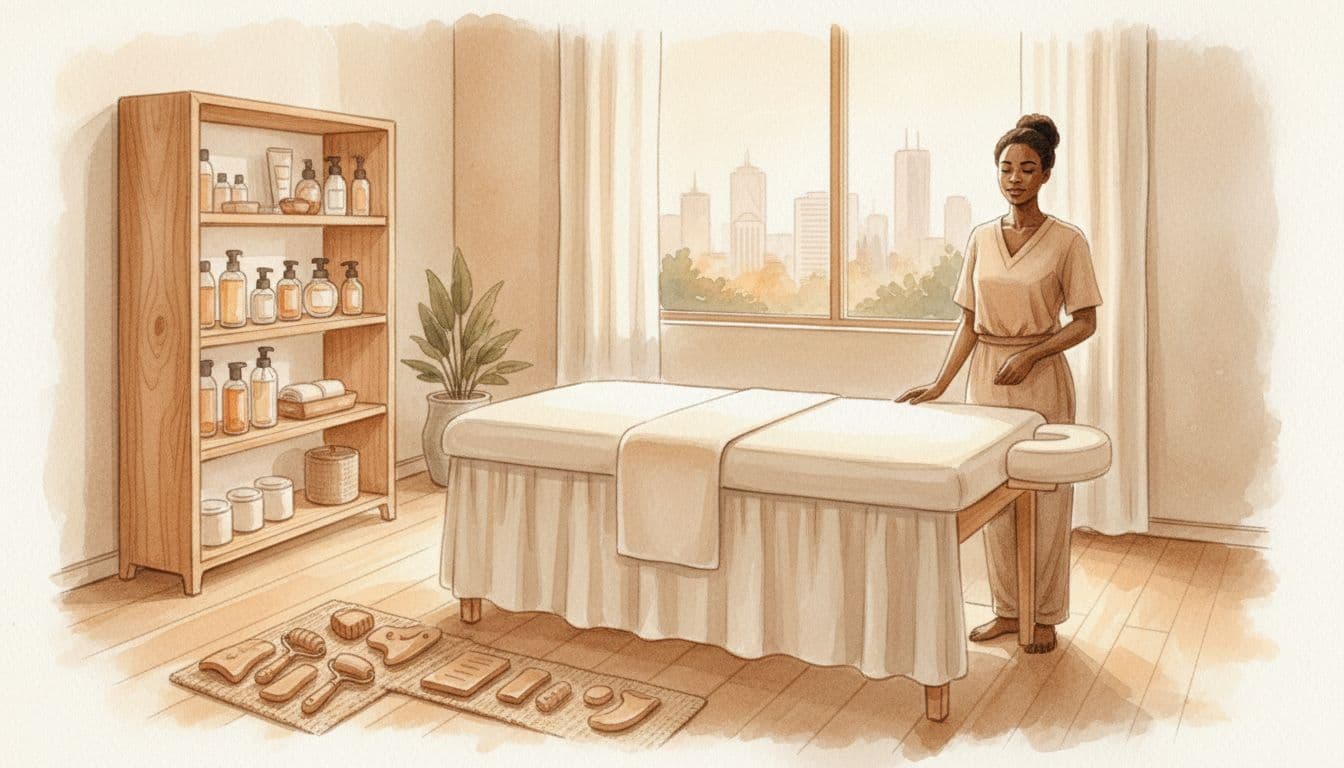 Padded table in watercolor room with oil shelves, wooden gua sha and rollers, standing female therapist, warm window light and city hint.