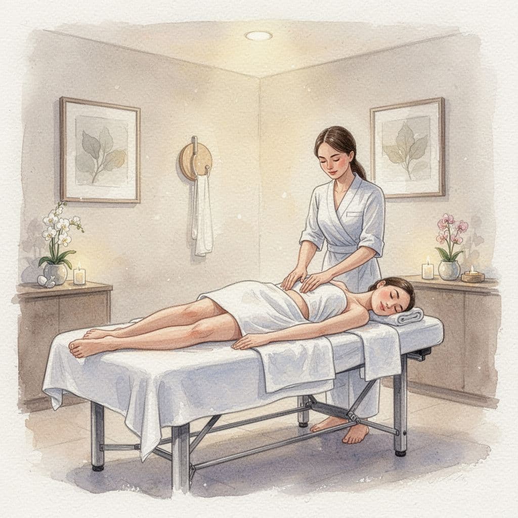 A therapist performs a relaxing massage for a client in a peaceful, watercolor-style spa room.