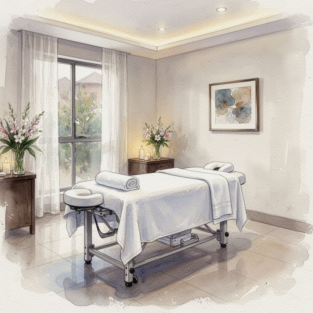 A tranquil massage therapy room features a professional table and neatly folded towels in a watercolor style.