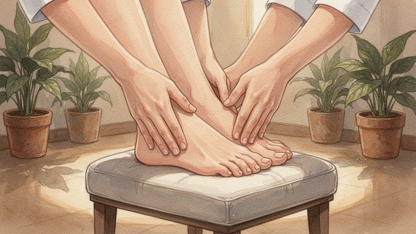 Watercolor close-up of bare feet on padded stool receiving hand massage in spa with plants.