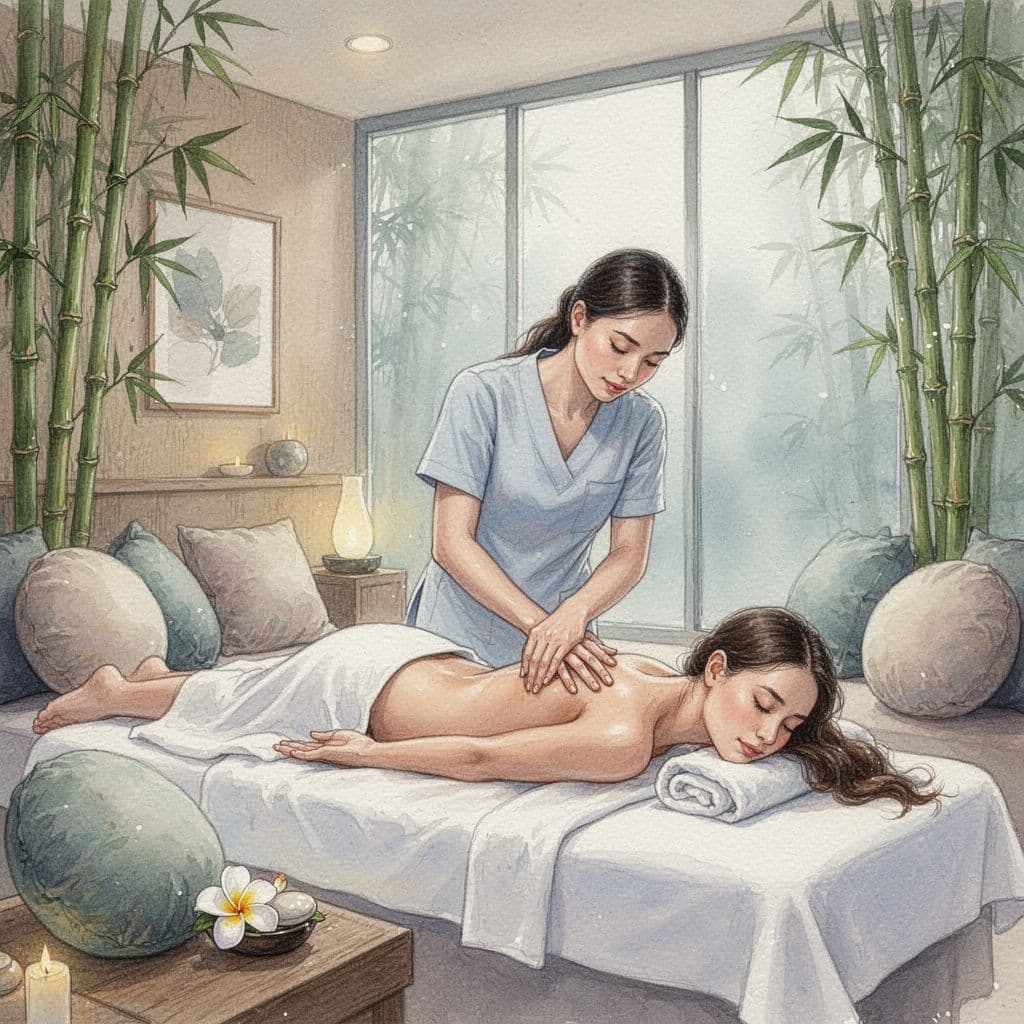 Therapist massages client in softly lit spa room, watercolor style.