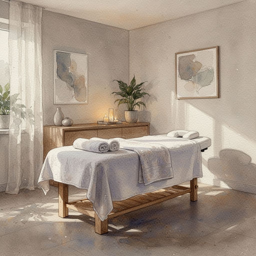 Empty massage room in watercolor style with warm lighting, massage table, towels, and minimalist decor.