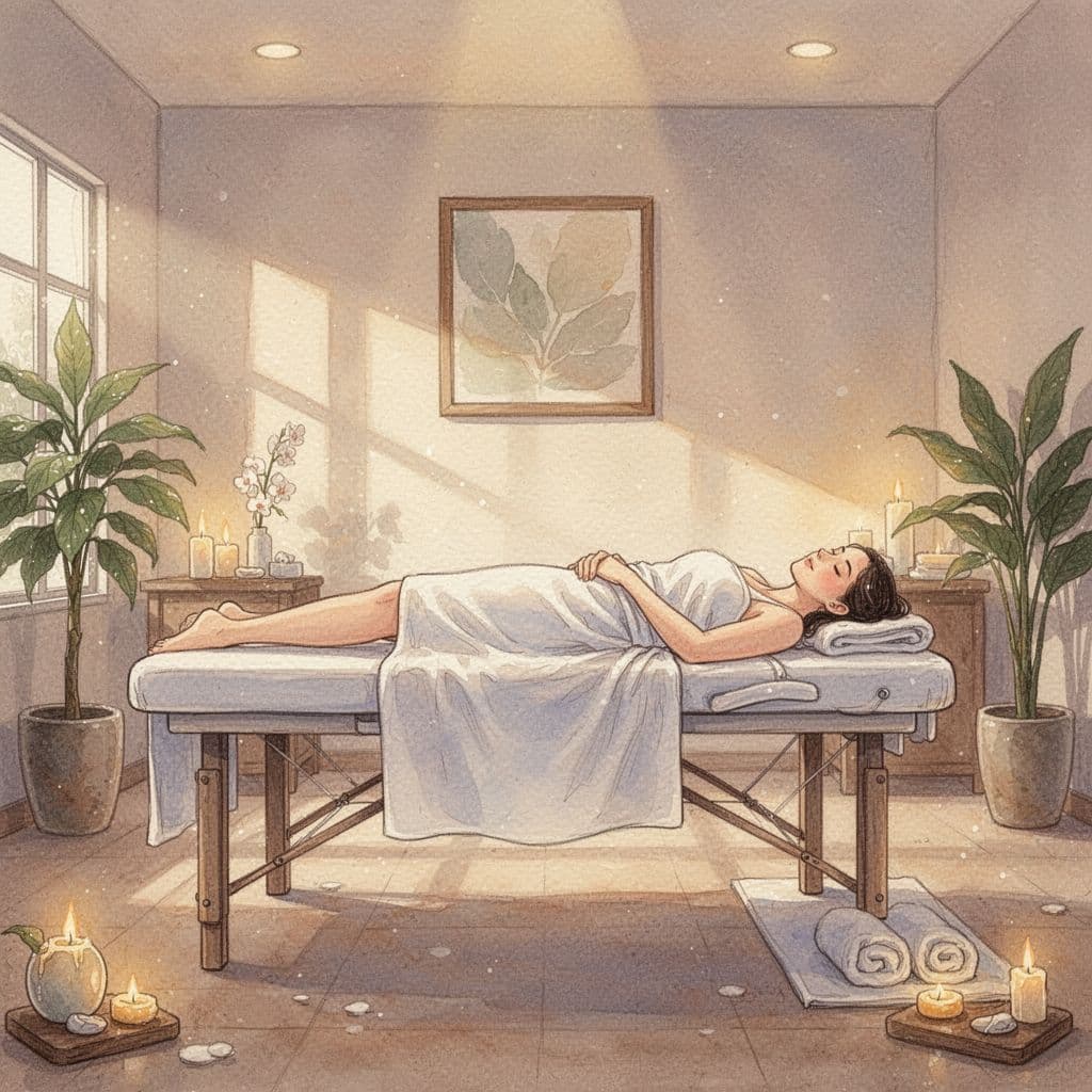 Person lying on massage table in tranquil spa room with warm lighting, watercolor style.