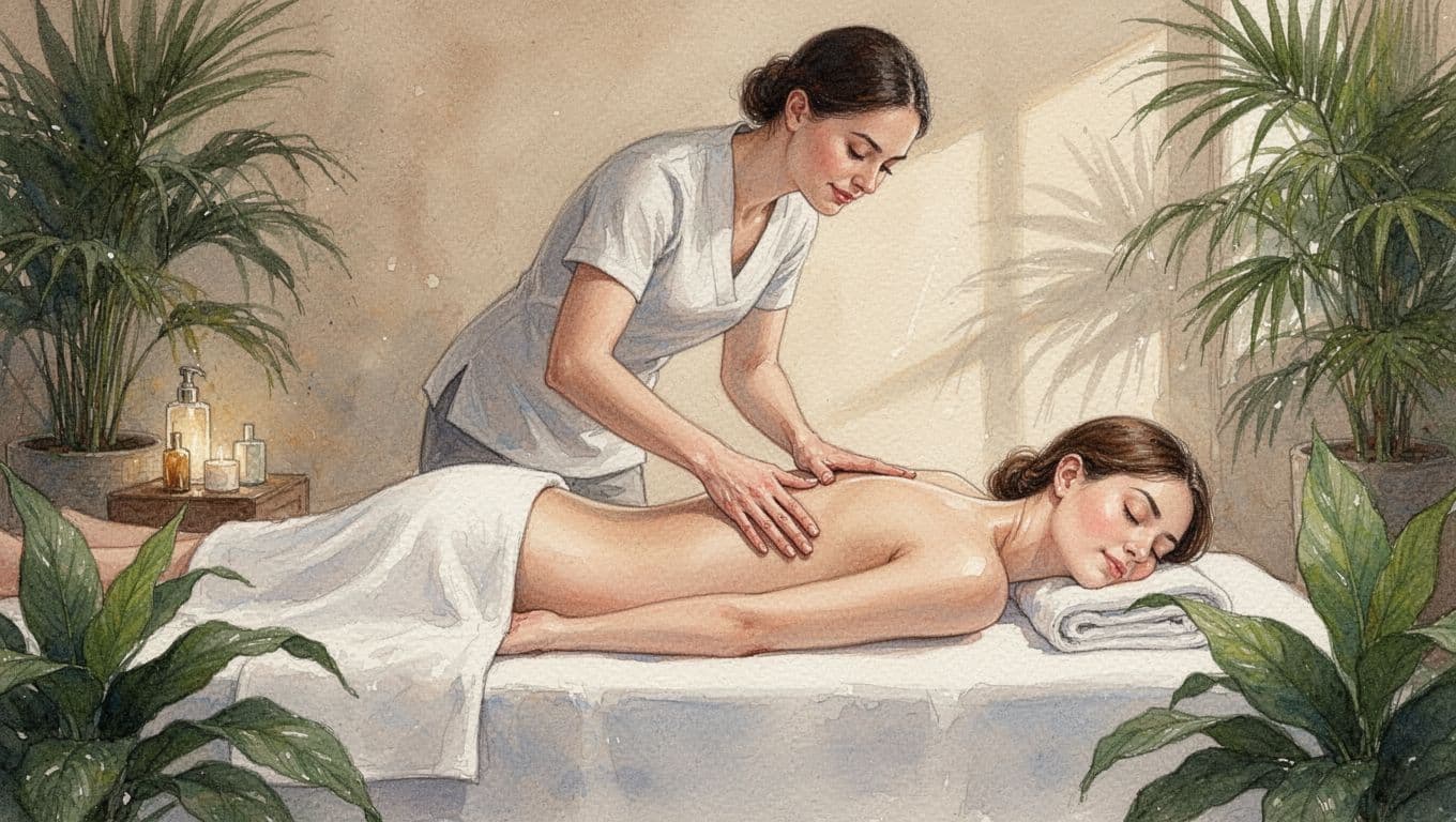Massage therapist gives Swedish massage to client on table in spa room with tropical plants.