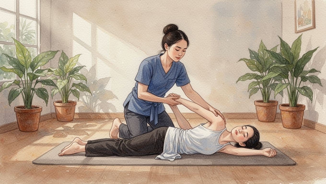 Thai therapist assists relaxed client with stretching on mat in spa room with plants and soft lighting, watercolor style.