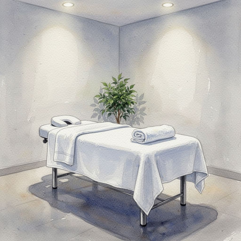 A watercolor illustration of a calm massage room featuring a clean table with folded white towels.