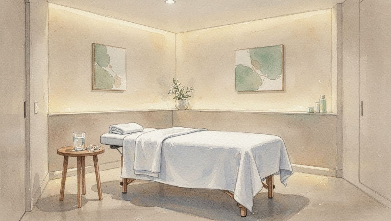 A peaceful room features a clean massage bed with soft lighting and minimalist decor.