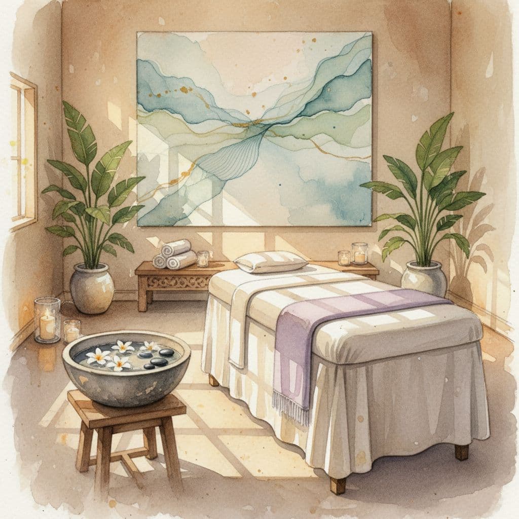 A soothing massage room features a plush table and soft warm lighting in a watercolor painting style.