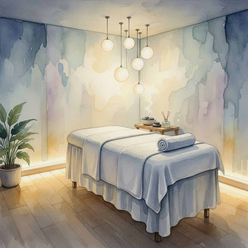 Dimly lit massage room with table, white towels, and soft ambient lighting in watercolor style.